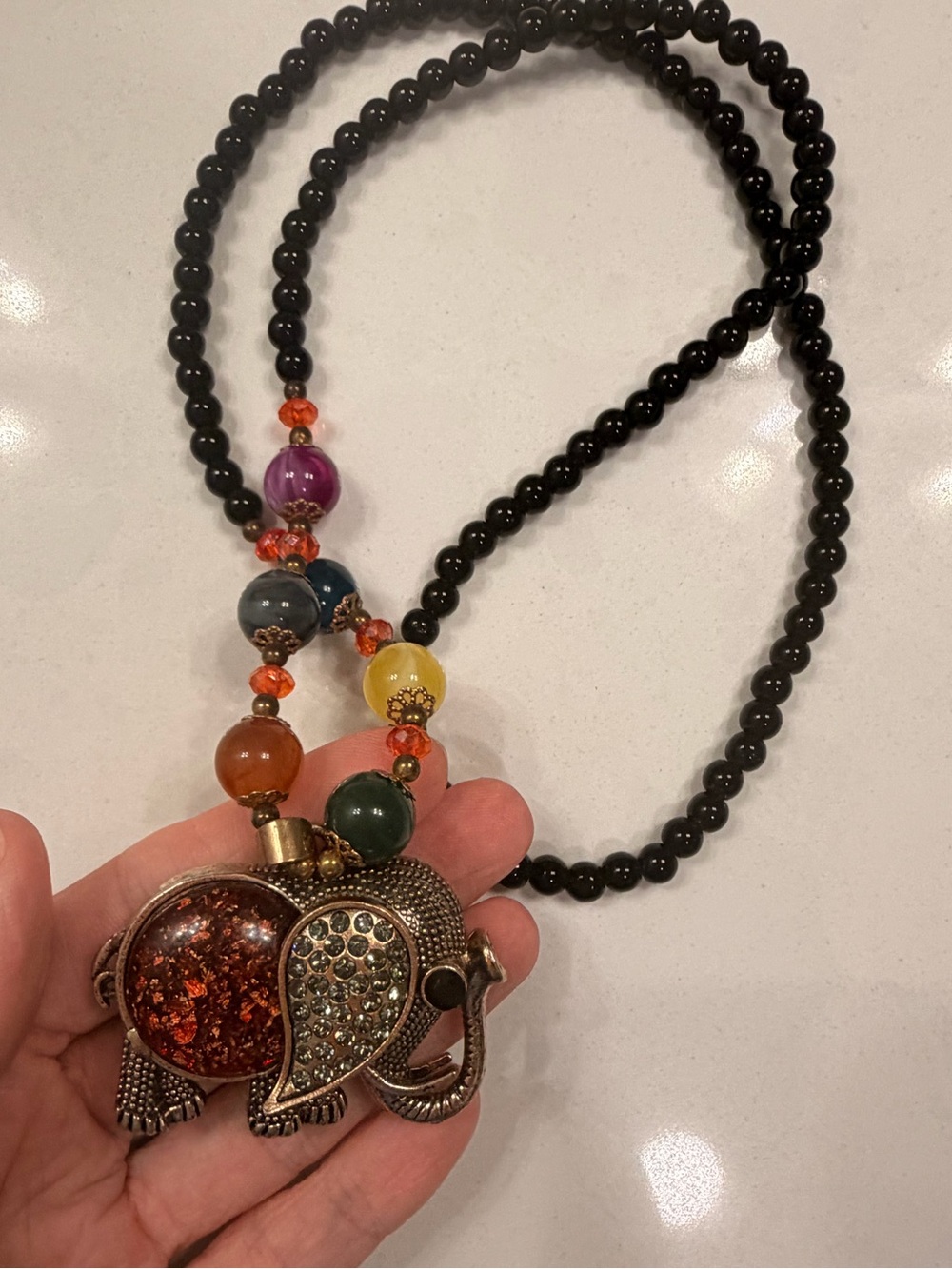 Vintage Black Bead Necklace with Multicolor Gem Accents and Elephant Pendant